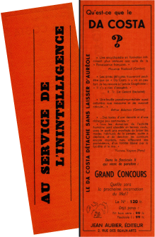 Access to Isabelle Waldberg's texts. Both sides of a promotional leaflet accompanying the last issue of 'Da Costa' (April 1949).